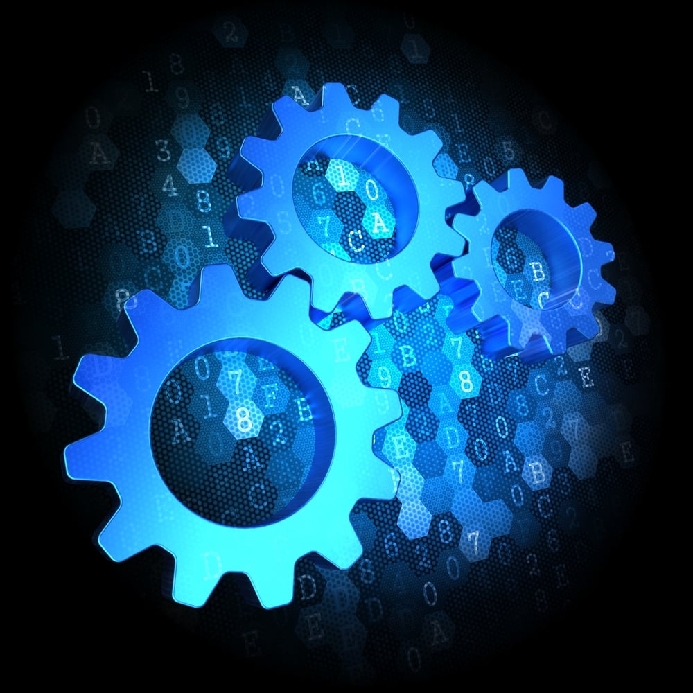 Blue Cogwheel Gear Mechanism Icon on Dark Digital Background.